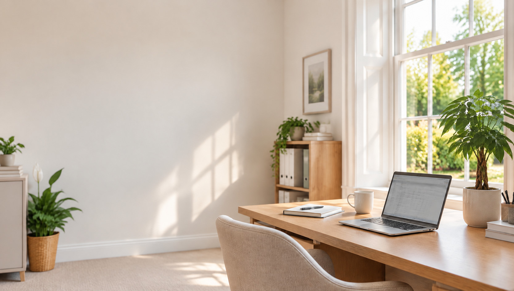 Sunlit workspace with a laptop and a growing Money Tree